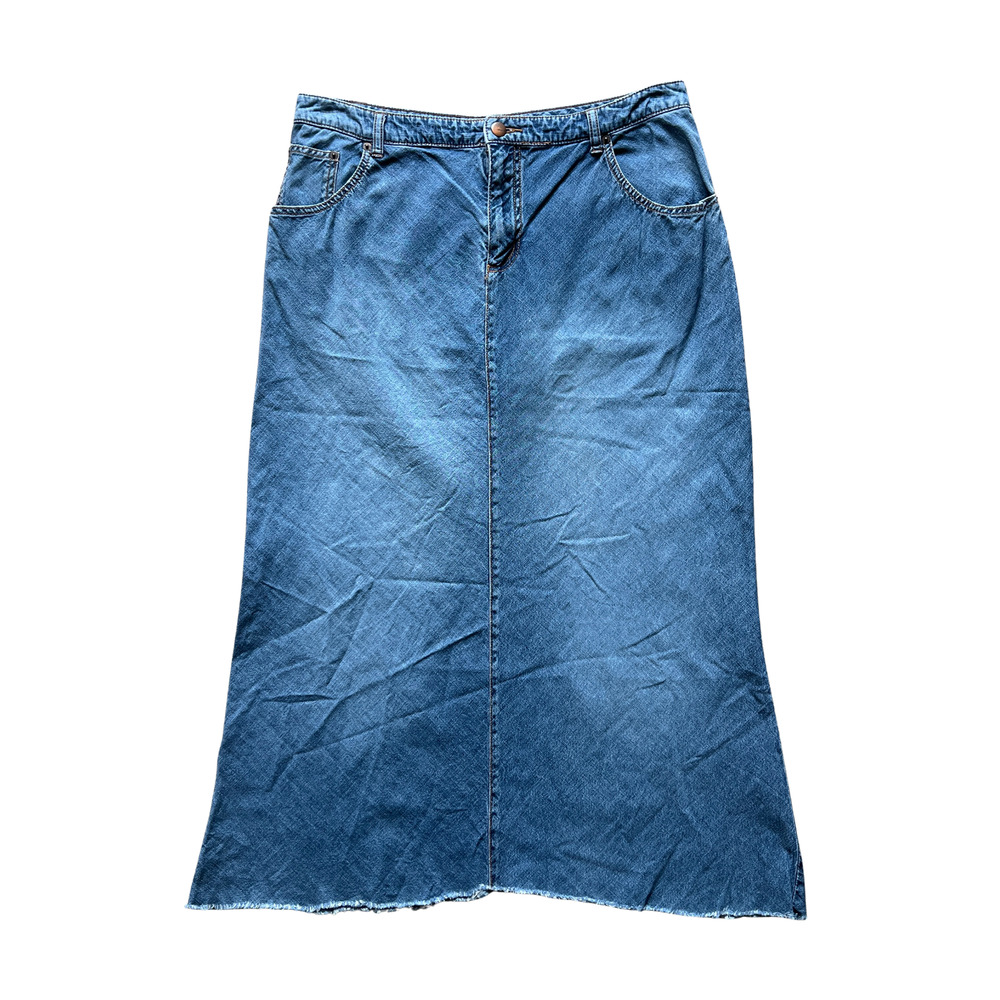 Vtg Y2K Venezia Denim Maxi Skirt 14 Raw Hem Boho Hippie Whimsigoth Indie Grunge